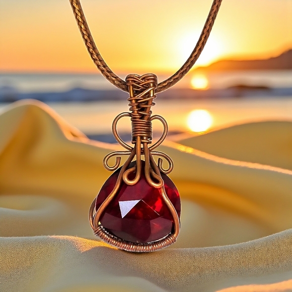 Boho Chic Genuine Garnet Copper Wire Wrapped Pendant Statement Necklace - Picture 6 of 13